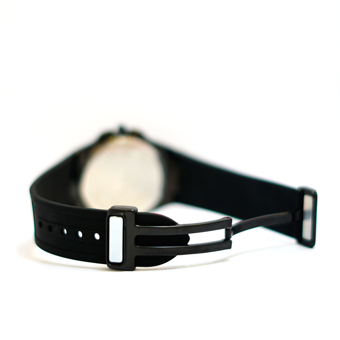 TIMAS Cushion-Shaped Watch with Black Dial, Gold Bezel and Rubber Strap