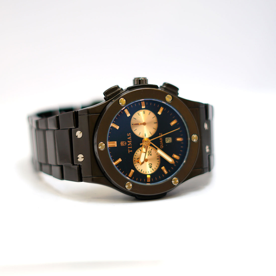 TIMAS Chronograph Watch with Blue Dial and Gunmetal Bracelet