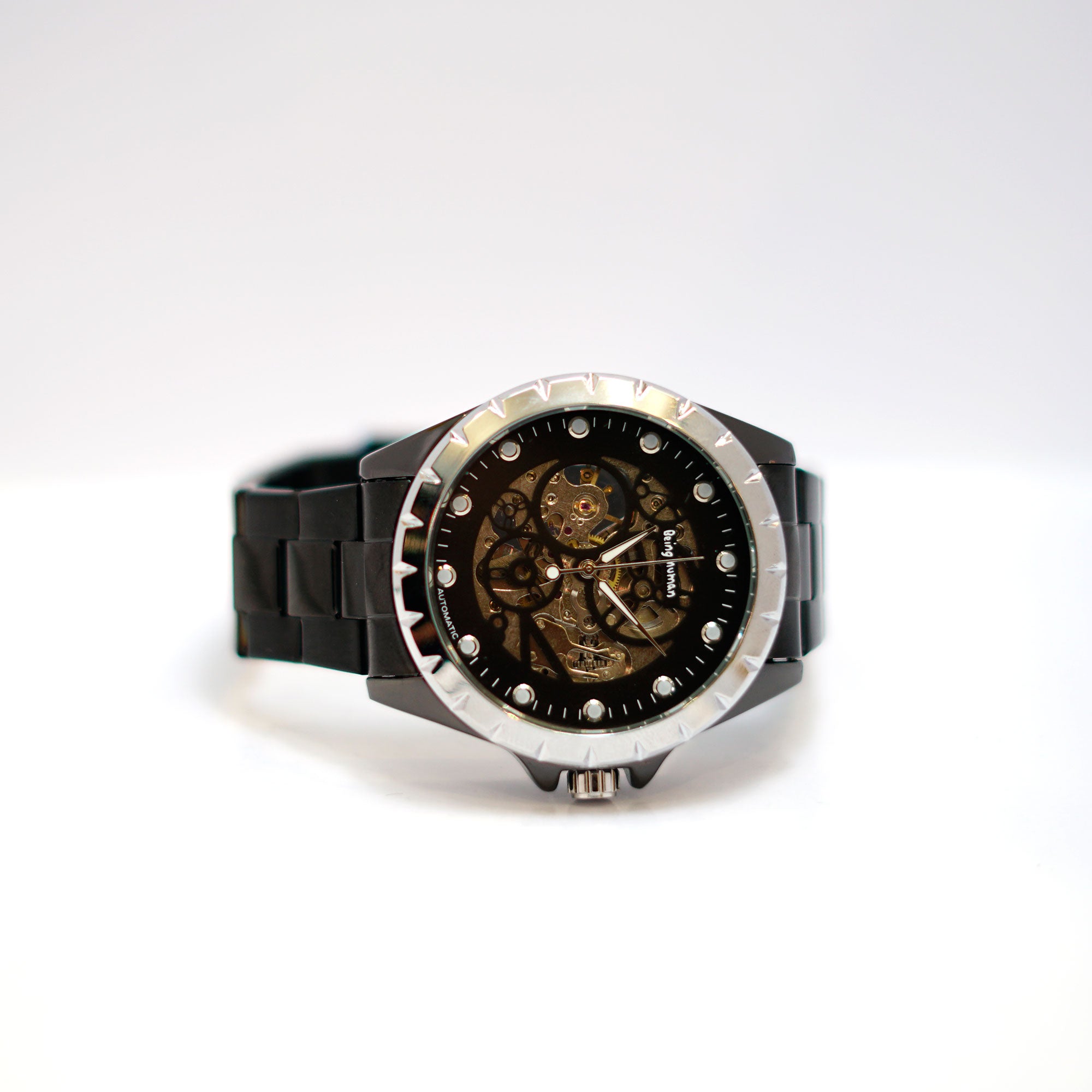 Automatic Skeleton Watch with Visible Movement and Steel Bracelet