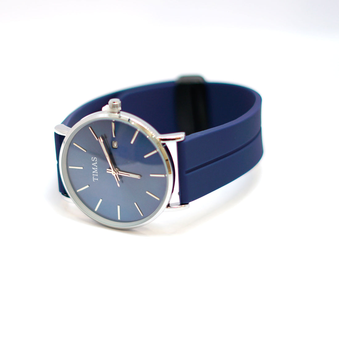 TIMAS Classic Blue Sunburst Dial Watch with Date Display