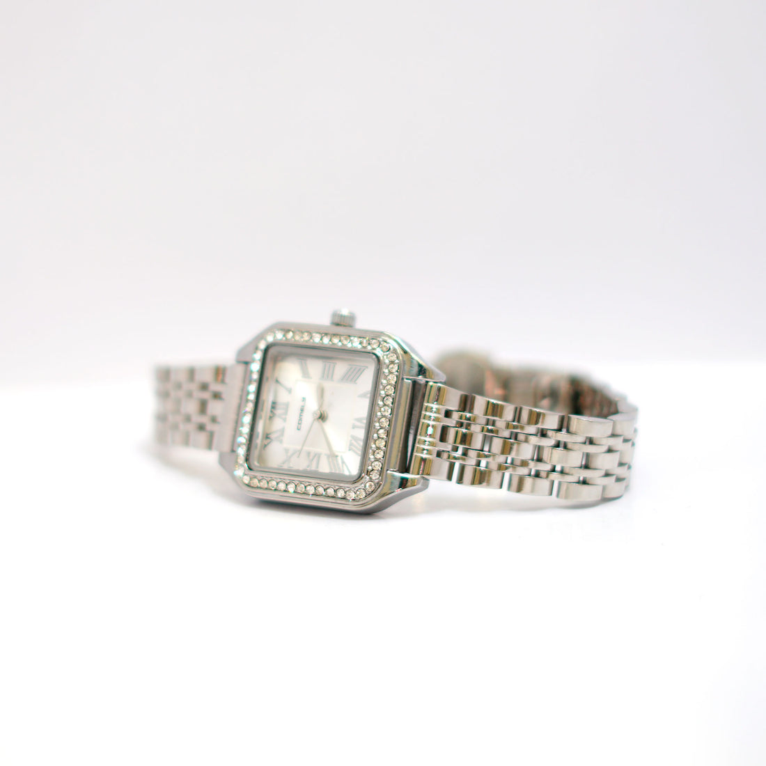 COMTEX Crystal-Embellished Square Ladies Watch with Champagne Dial