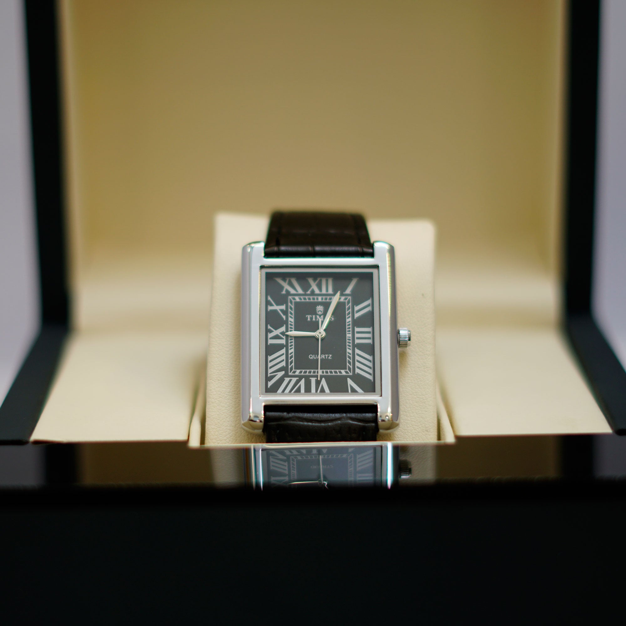 TIMAS Rectangular Watch with Black Dial, Roman Numerals and Leather Strap