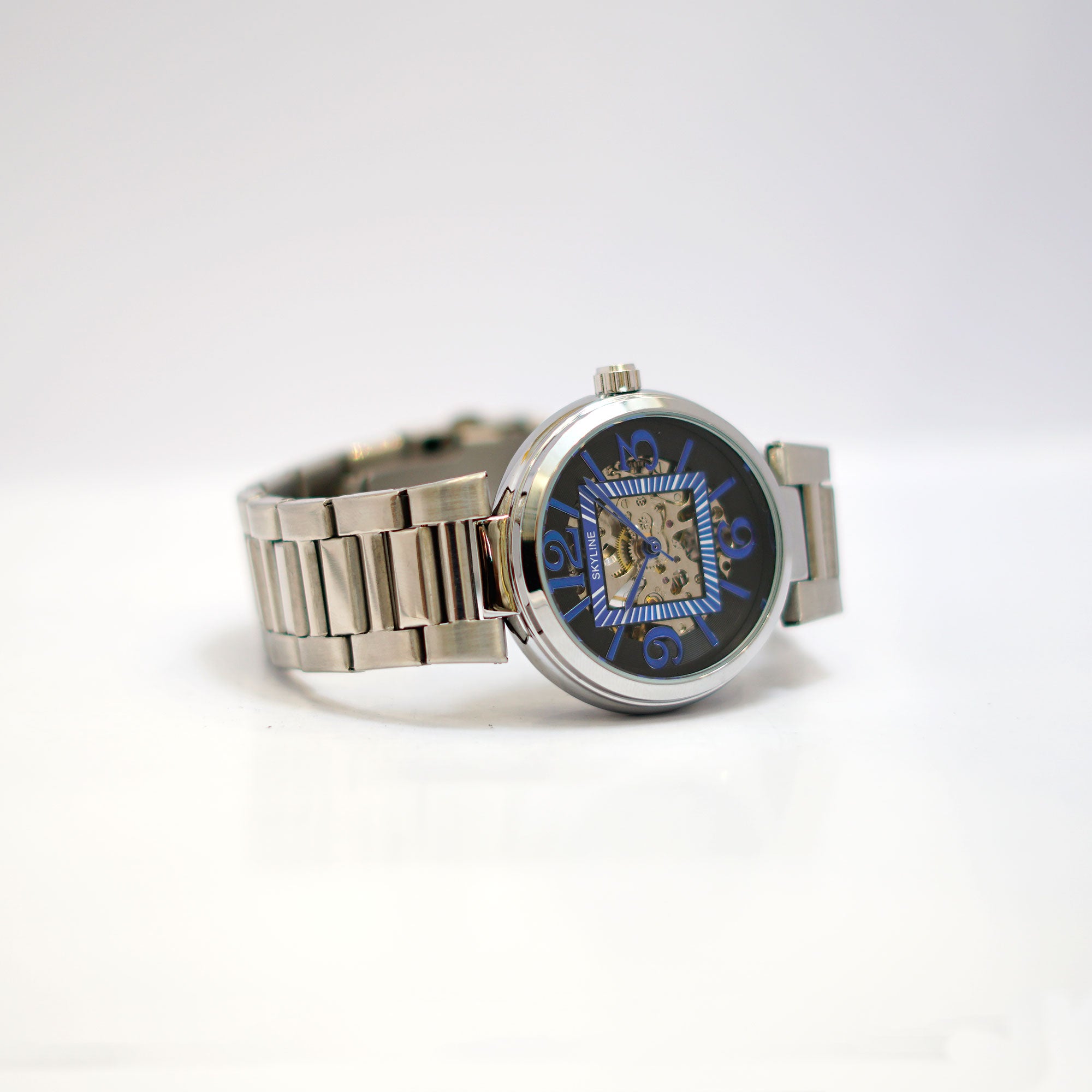 SKYLINE Skeleton Watch with Blue Dial and Silver Stainless Steel Bracelet