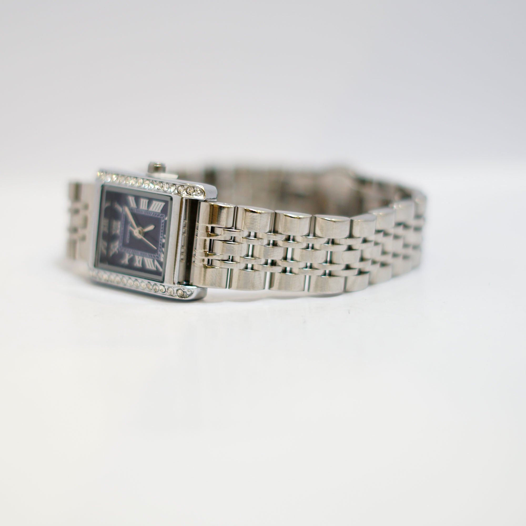 COMTEX Crystal-Embellished Rectangular Ladies Watch with Black Dial