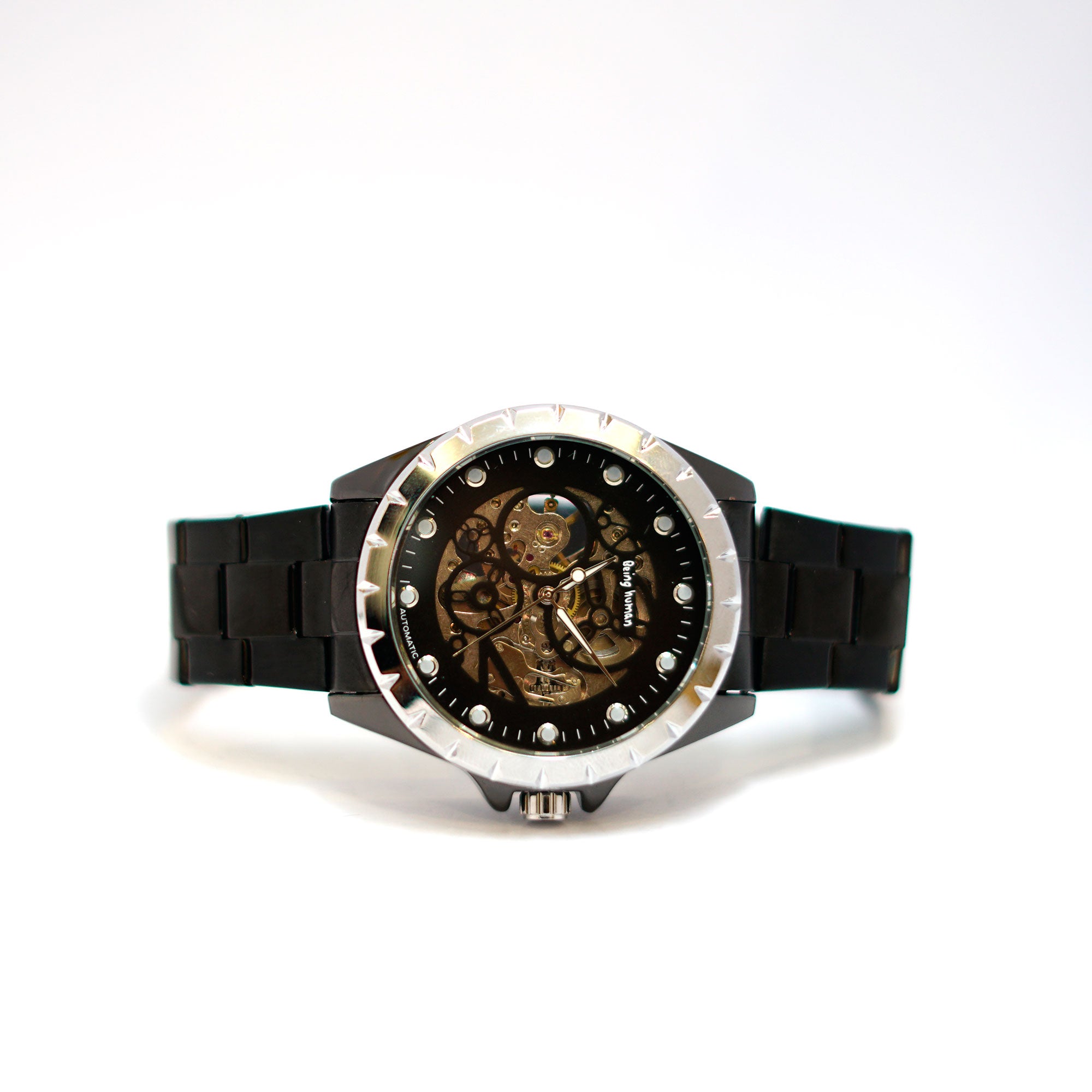 Automatic Skeleton Watch with Visible Movement and Steel Bracelet