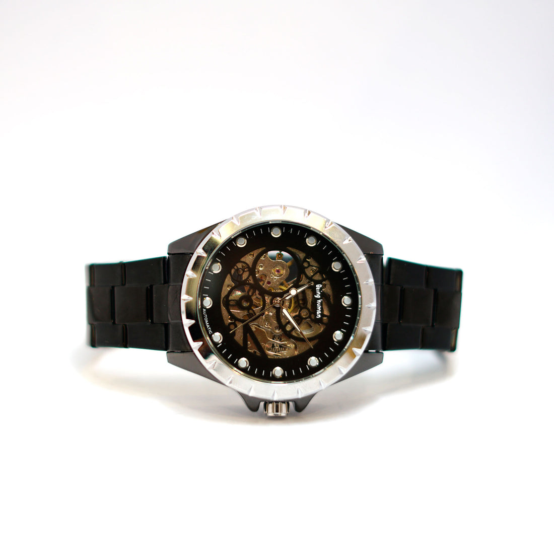 Automatic Skeleton Watch with Visible Movement and Steel Bracelet