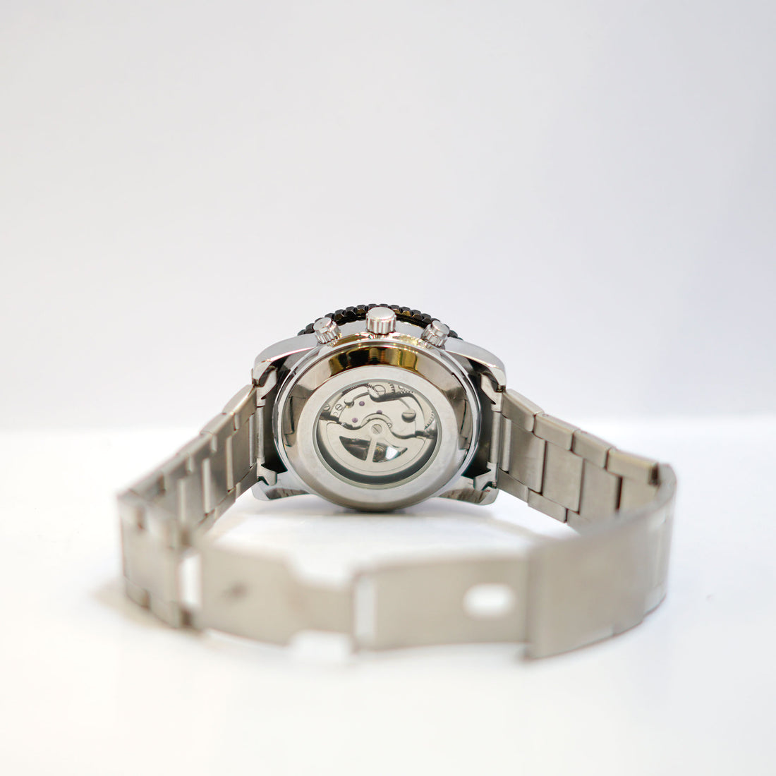 Bing Wang Skeleton Watch with Black Bezel and Stainless Steel Bracelet