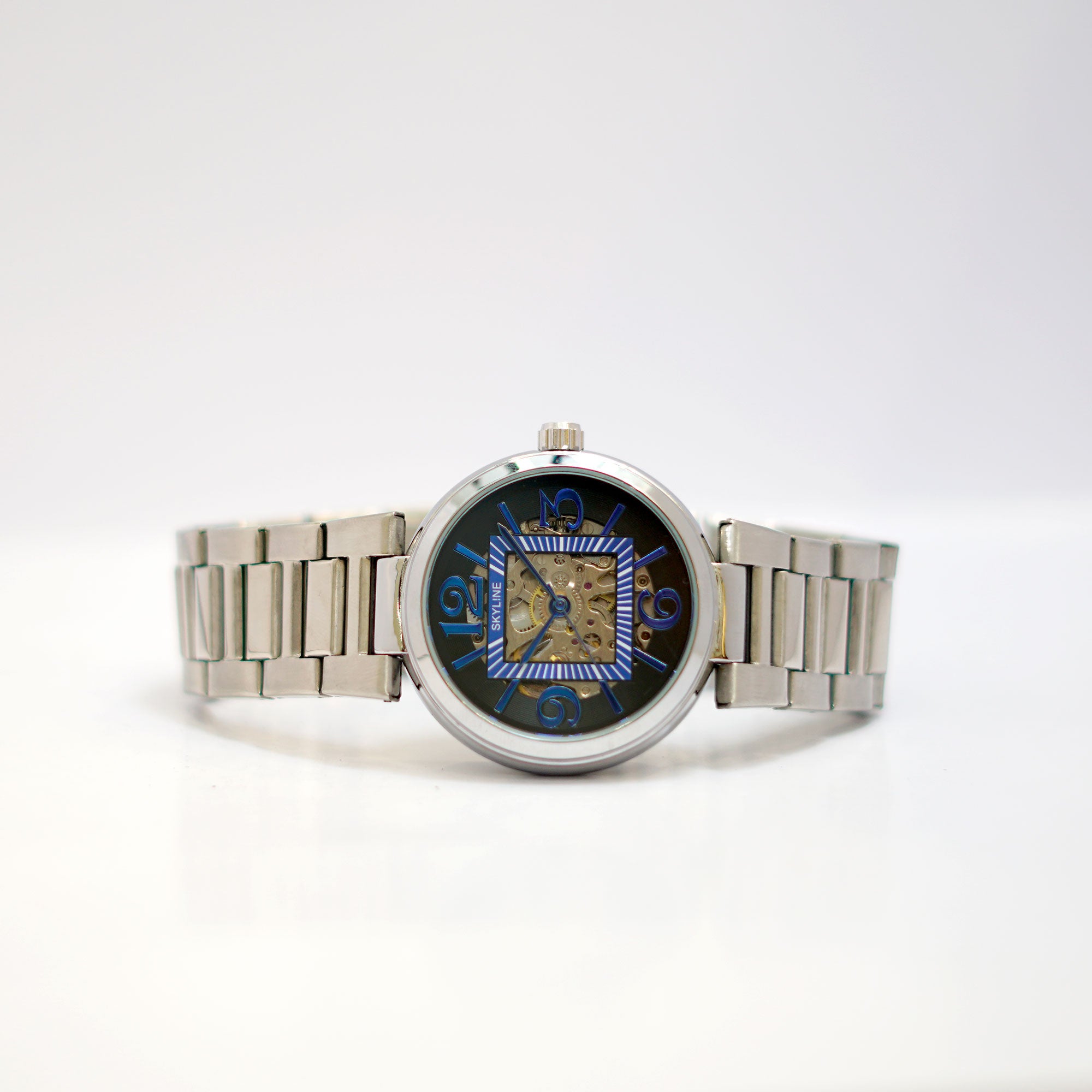 SKYLINE Skeleton Watch with Blue Dial and Silver Stainless Steel Bracelet