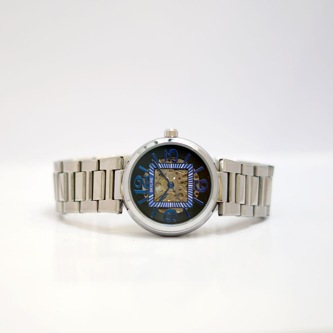 SKYLINE Skeleton Watch with Blue Dial and Silver Stainless Steel Bracelet