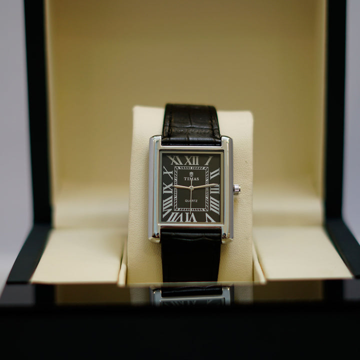 TIMAS Rectangular Watch with Black Dial, Roman Numerals and Leather Strap