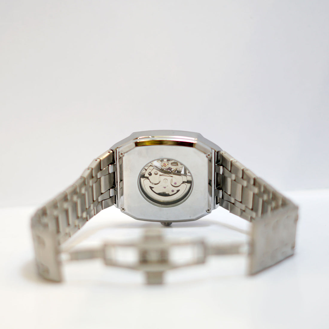 Bing Wang Barrel-Shaped Skeleton Watch with Blue Dial and Stainless Steel Bracelet