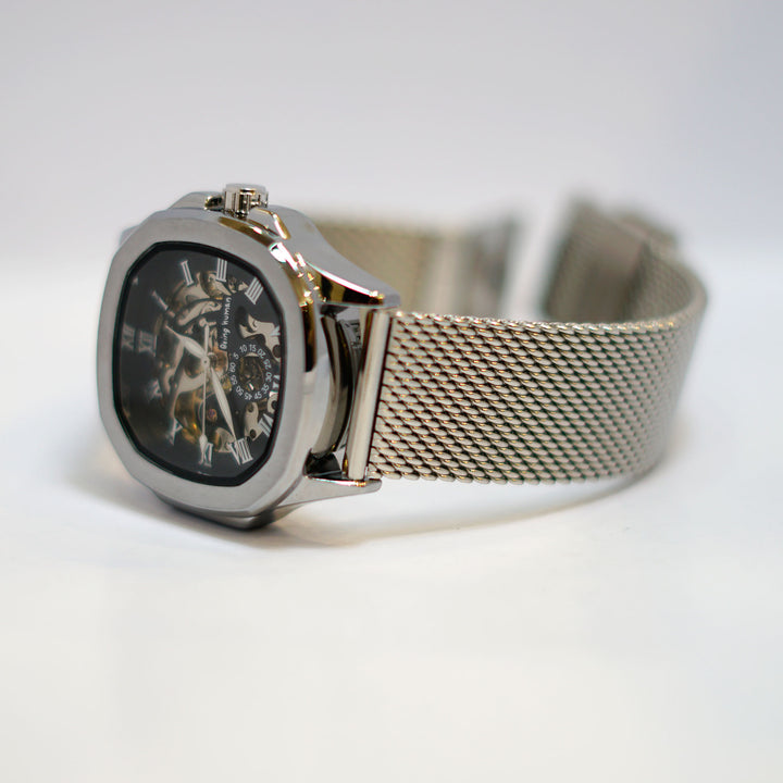 Silver Skeleton Watch with Mesh Band and Roman Numerals
