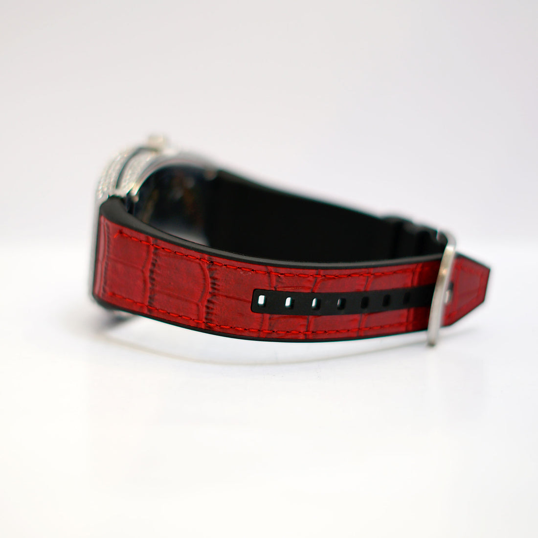 Luxury Crystal-Embellished Barrel Watch with Red Dial and Rubber Strap