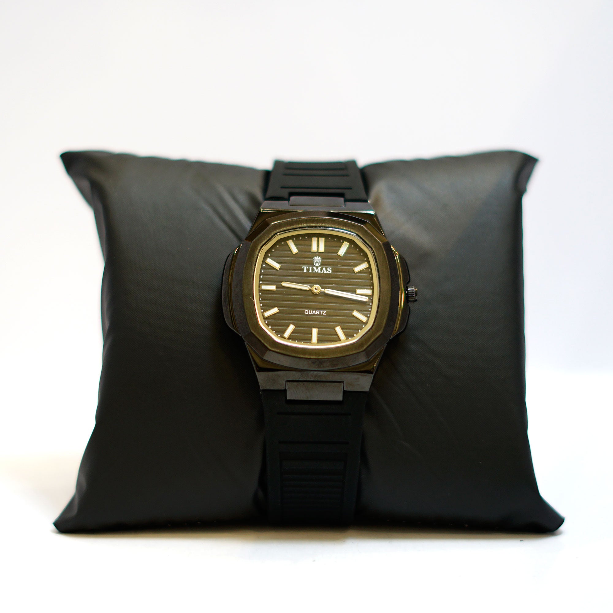 TIMAS Cushion-Shaped Watch with Black Dial, Gold Bezel and Rubber Strap