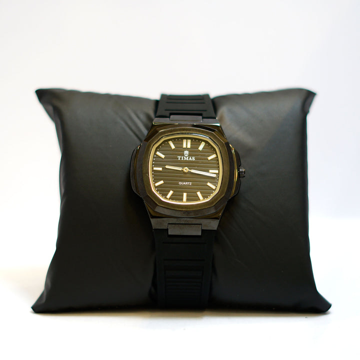 TIMAS Cushion-Shaped Watch with Black Dial, Gold Bezel and Rubber Strap