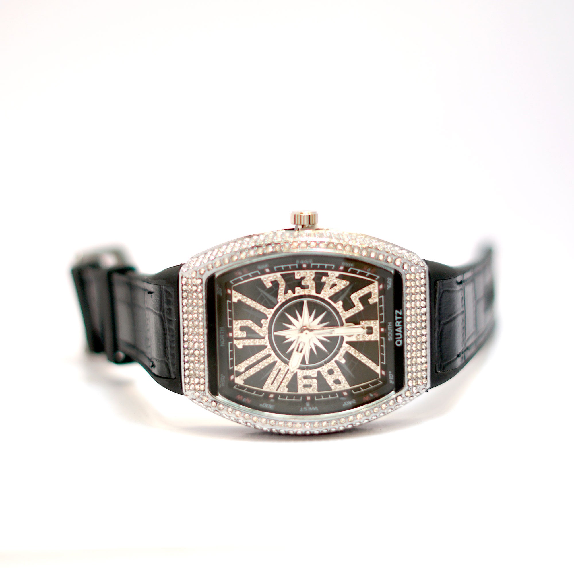 Luxury Crystal-Embellished Barrel Watch with Black Dial and Rubber Strap