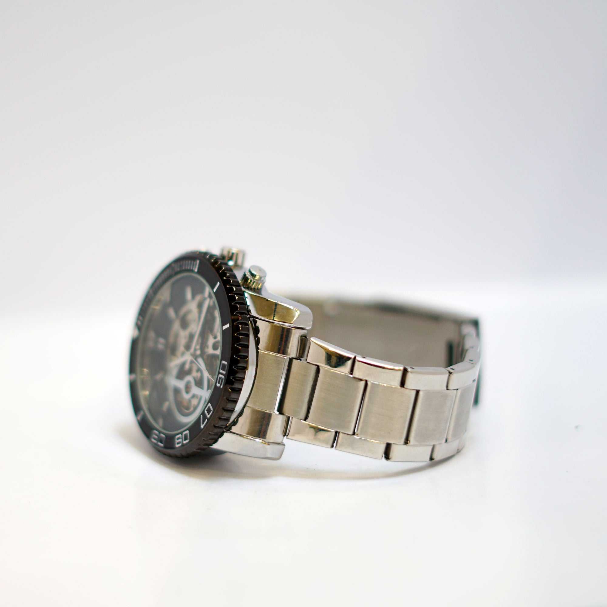 Bing Wang Skeleton Watch with Black Bezel and Stainless Steel Bracelet