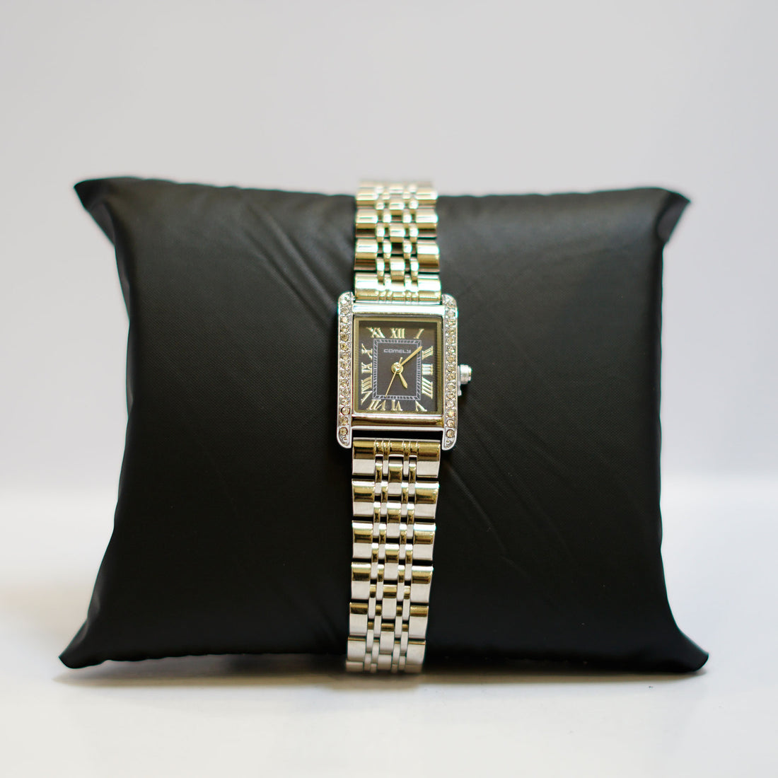 COMTEX Crystal-Embellished Rectangular Ladies Watch with Black Dial