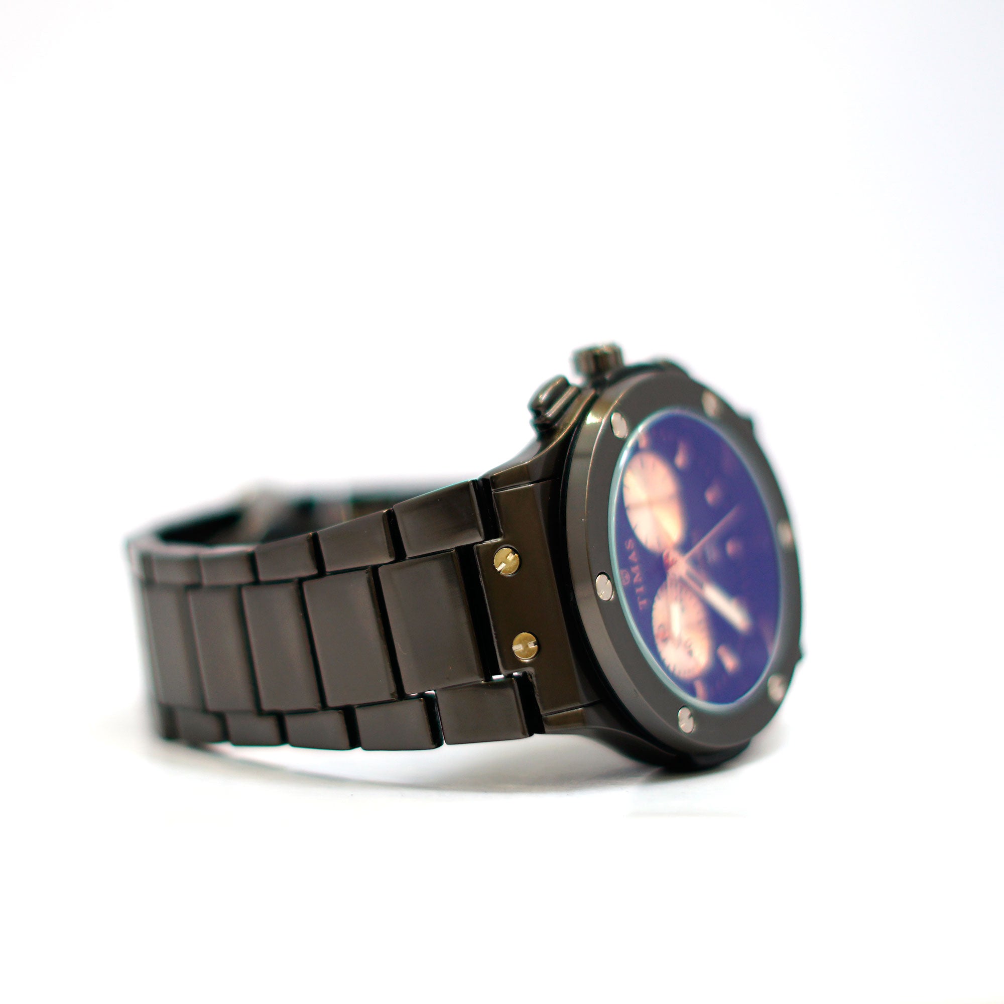 TIMAS Chronograph Watch with Blue Dial and Gunmetal Bracelet