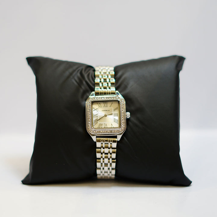 COMTEX Crystal-Embellished Square Ladies Watch with Champagne Dial