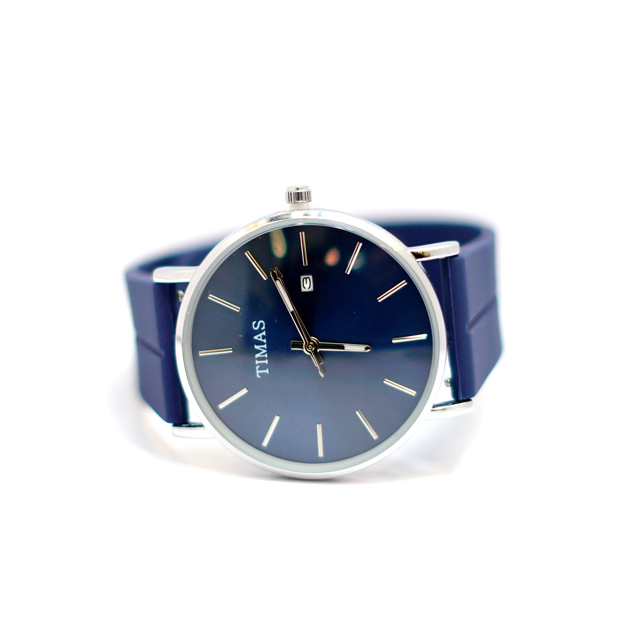 TIMAS Classic Blue Sunburst Dial Watch with Date Display
