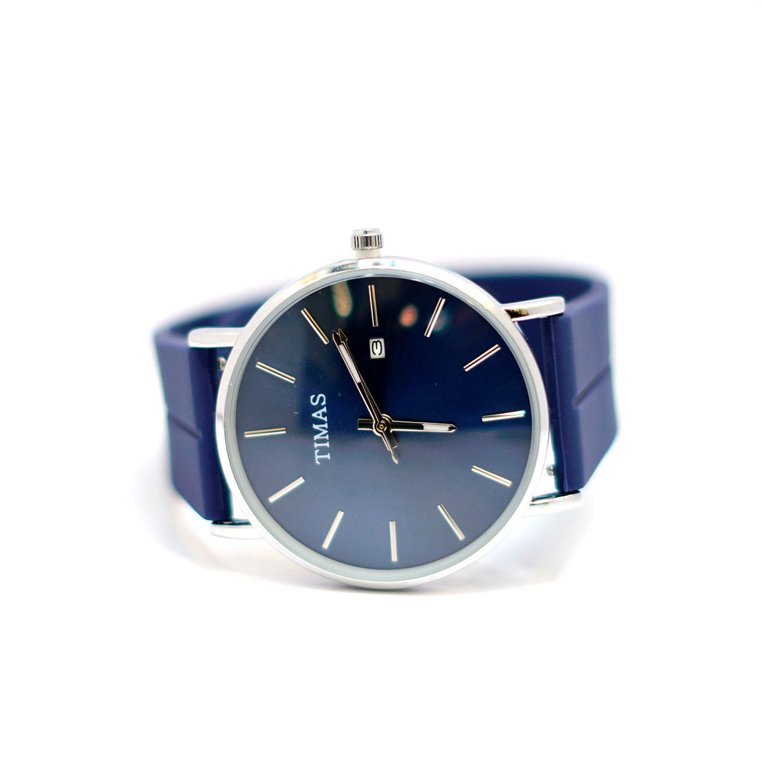 TIMAS Classic Blue Sunburst Dial Watch with Date Display