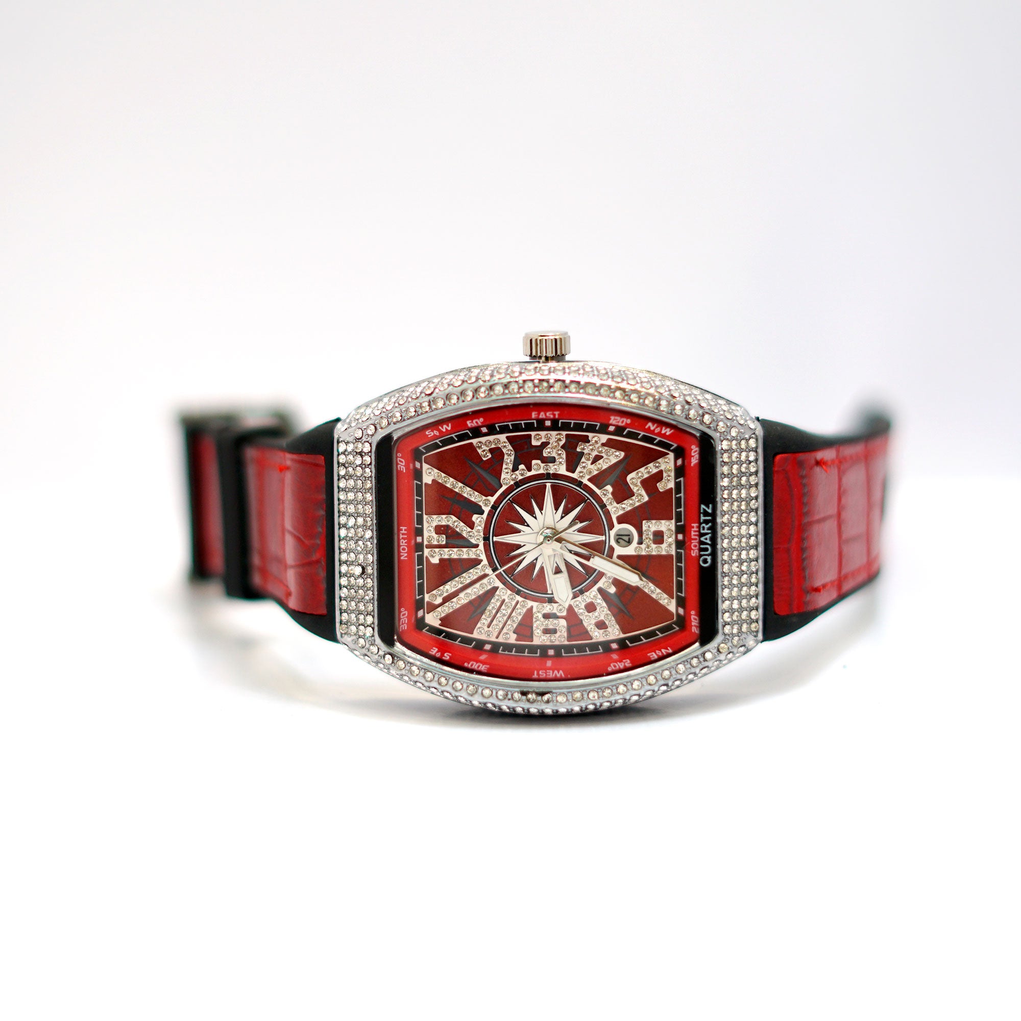 Luxury Crystal-Embellished Barrel Watch with Red Dial and Rubber Strap