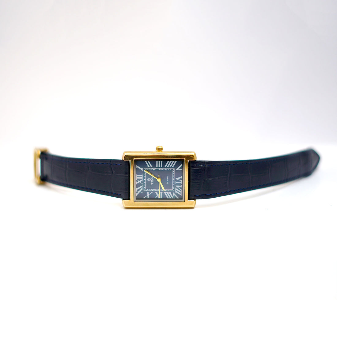 TIMAS Rectangular Watch with Black Dial, Roman Numerals and Leather Strap