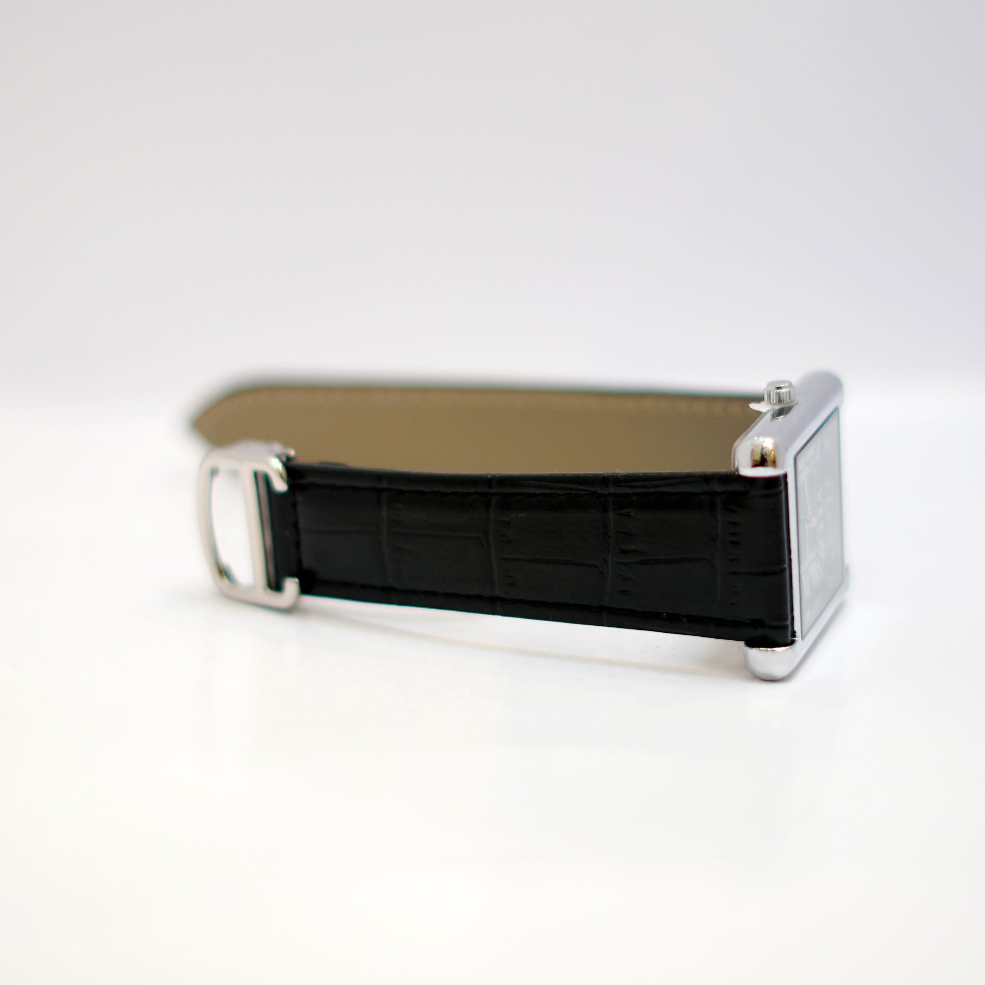 TIMAS Rectangular Watch with Black Dial, Roman Numerals and Leather Strap