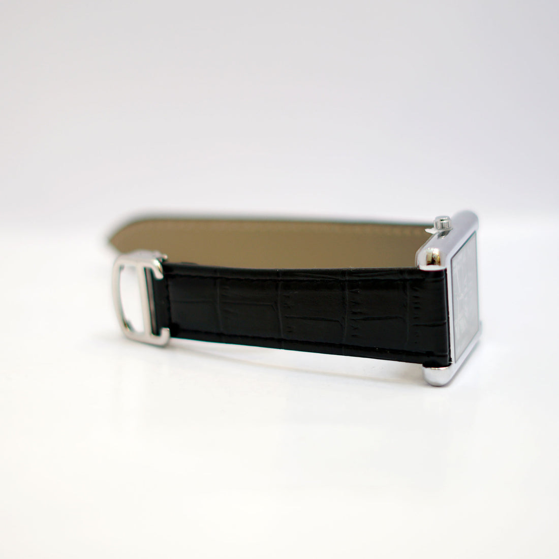 TIMAS Rectangular Watch with Black Dial, Roman Numerals and Leather Strap