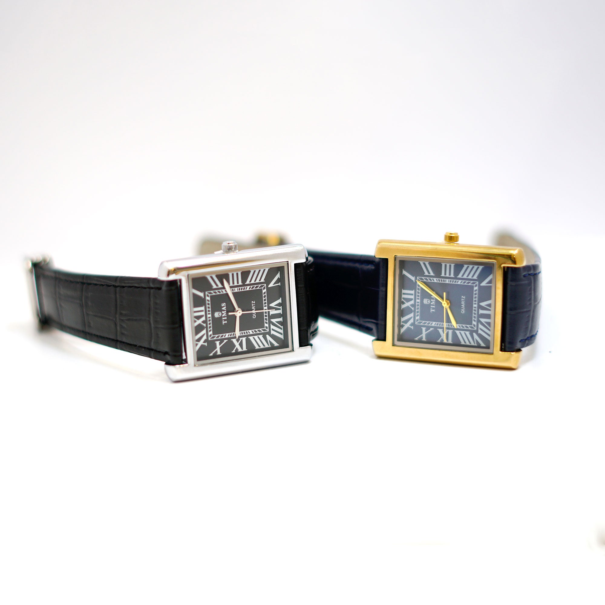 TIMAS Rectangular Watch with Black Dial, Roman Numerals and Leather Strap