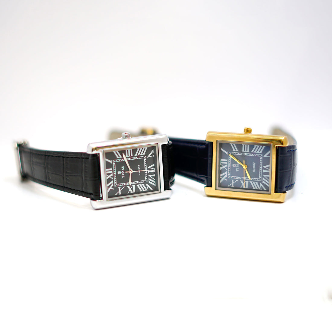 TIMAS Rectangular Watch with Black Dial, Roman Numerals and Leather Strap