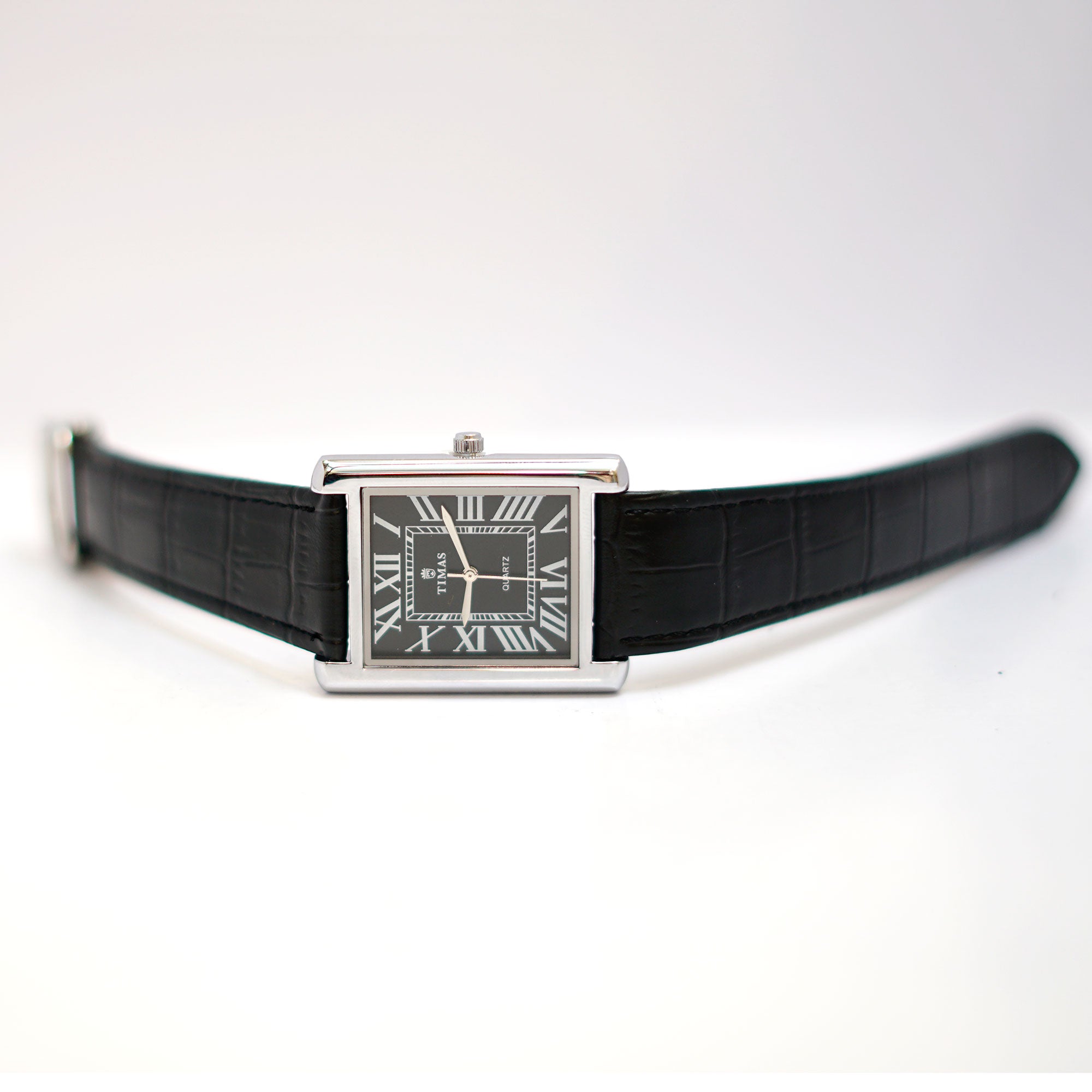 TIMAS Rectangular Watch with Black Dial, Roman Numerals and Leather Strap