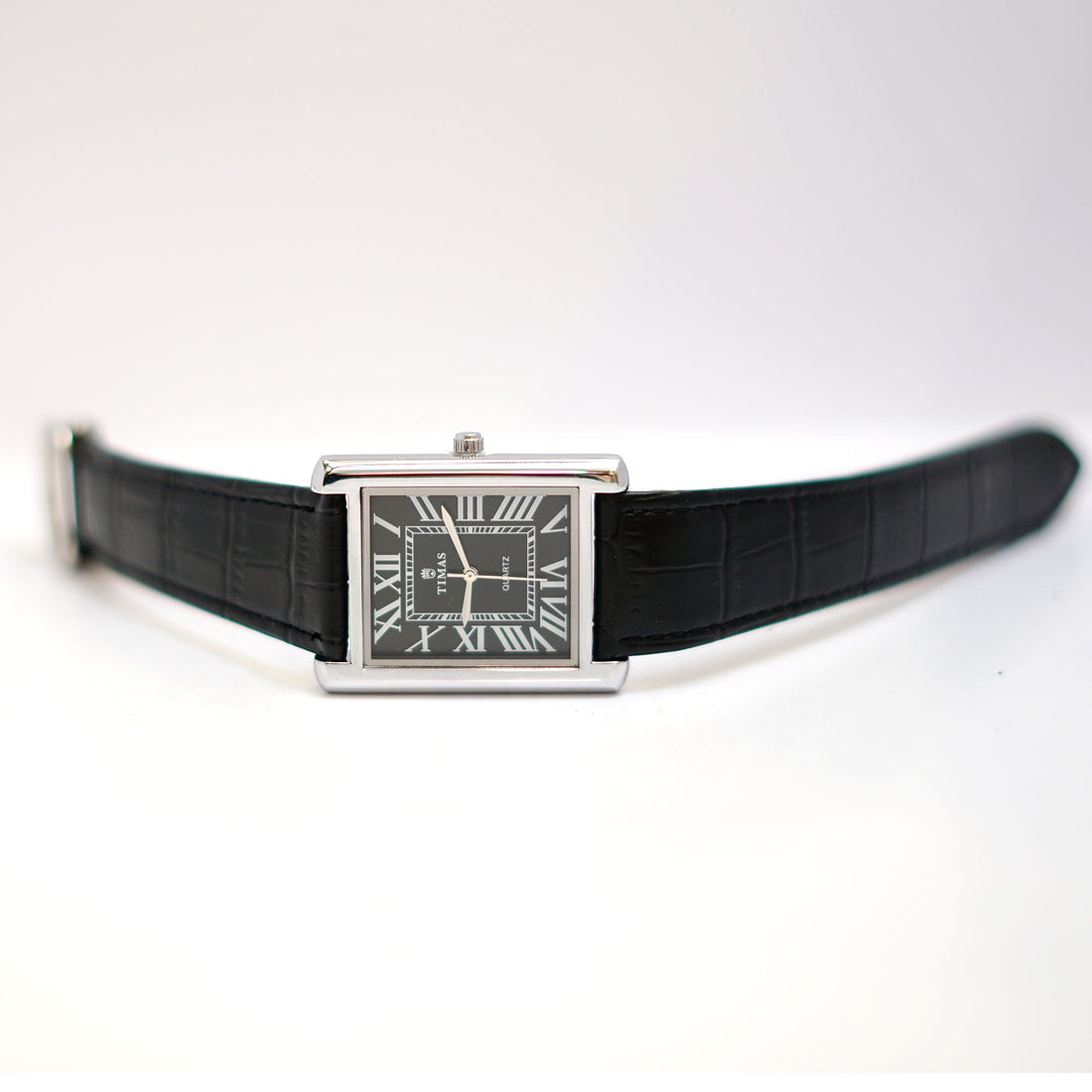 TIMAS Rectangular Watch with Black Dial, Roman Numerals and Leather Strap