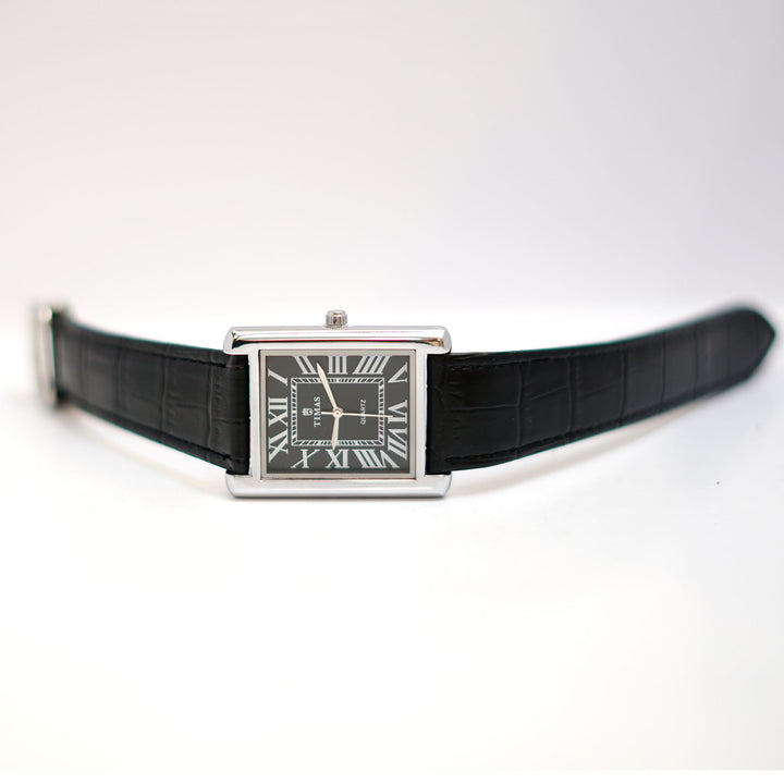 TIMAS Rectangular Watch with Black Dial, Roman Numerals and Leather Strap